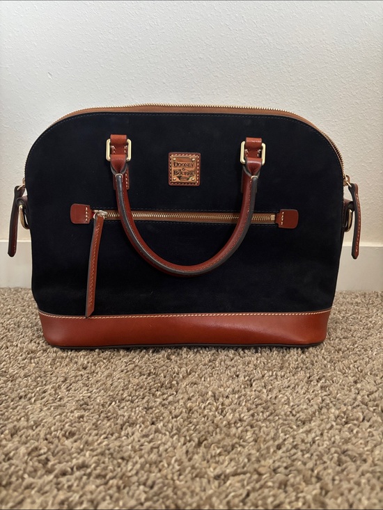 Dooney & Bourke Handbags - Dooney & Bourke Dome Satchel - never used!Dark Navy suede w/ Brown Leather Trim